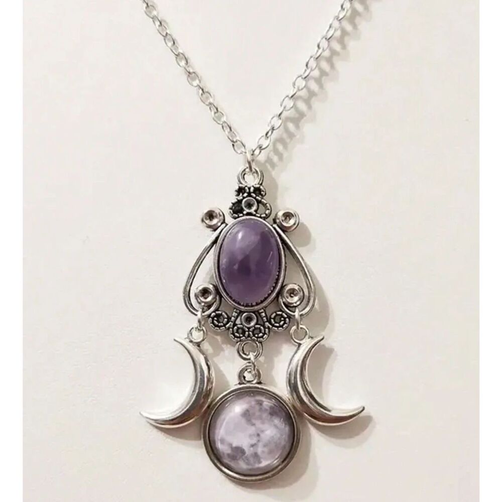 Silver Moon Goddess Necklace Purple Amethyst Gemstone Crystal Pendant Celestial
